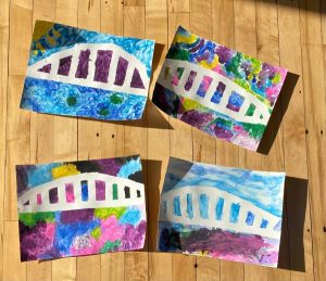 Four children's paintings in the style of Monet's "Water Lilies."